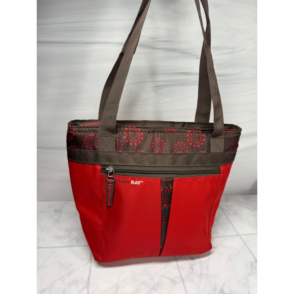 Rachael Ray Insulated Thermal Tote Bag Red Brown Dotted Lunch Picnic Cooler Bag